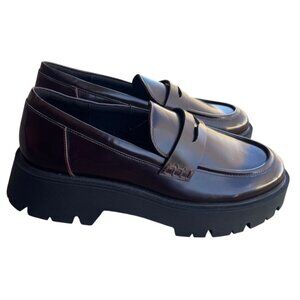 Zara Burgundy Chunky Faux Patent Leather Platform Loafers Lug Sole.Size 10